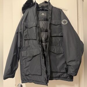 Black Puffer Jacket with Fur Trim and velour collar.